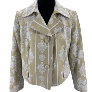 VTG Floral Damask Brocade Blazer Apostrophe Beige Gold Cropped Elegant Boho L
